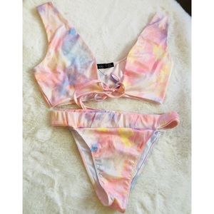 Tie dye front tie, cheeky bathing suit set
